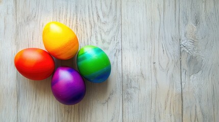 Vibrant rainbow-colored Easter eggs placed on a light wooden background, creating a playful and joyful composition.