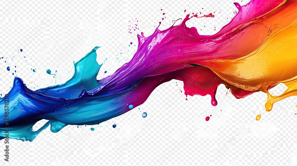 Poster vibrant splash of multicolored paint, fluid abstract movement with high-quality transparency, isolat
