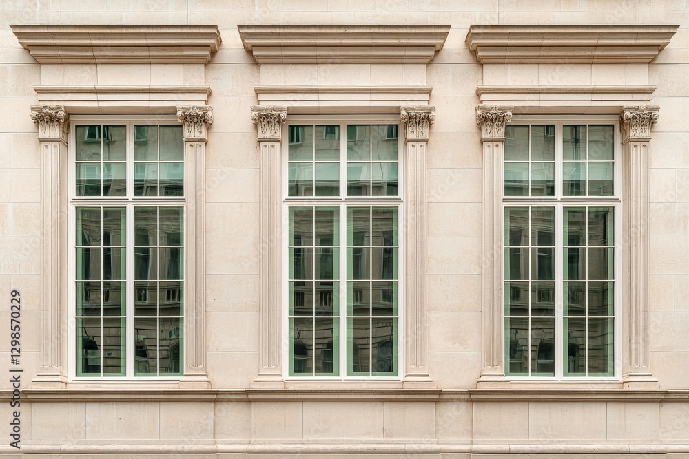Poster the facade's exterior front view displays modern rectangular windows equipped with reflective glass 