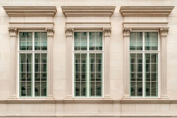 Obraz premium The facade's exterior front view displays modern rectangular windows equipped with reflective glass and curtains that open randomly