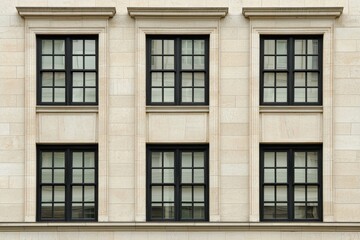 Obraz premium A contemporary exterior front view features rectangular windows with glass that reflects and curtains that open sporadically on the facade