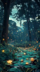 Enchanted Forest Scene with Water Lilies and Twinkling Fireflies