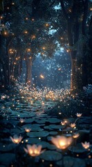 Enchanted Forest Pathway with Glowing Flowers and Fireflies at Dusk