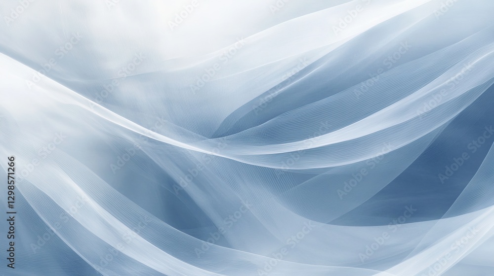 Poster abstract flowing lines in soft blue and white, fluid motion resembling waves or gentle wind patterns