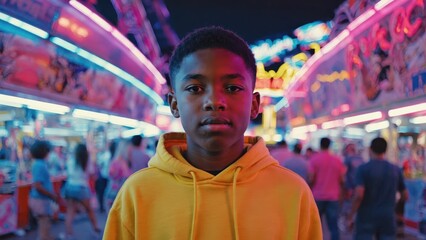Obraz premium Young Boy in Yellow Hoodie at Neon Carnival Setting at Night