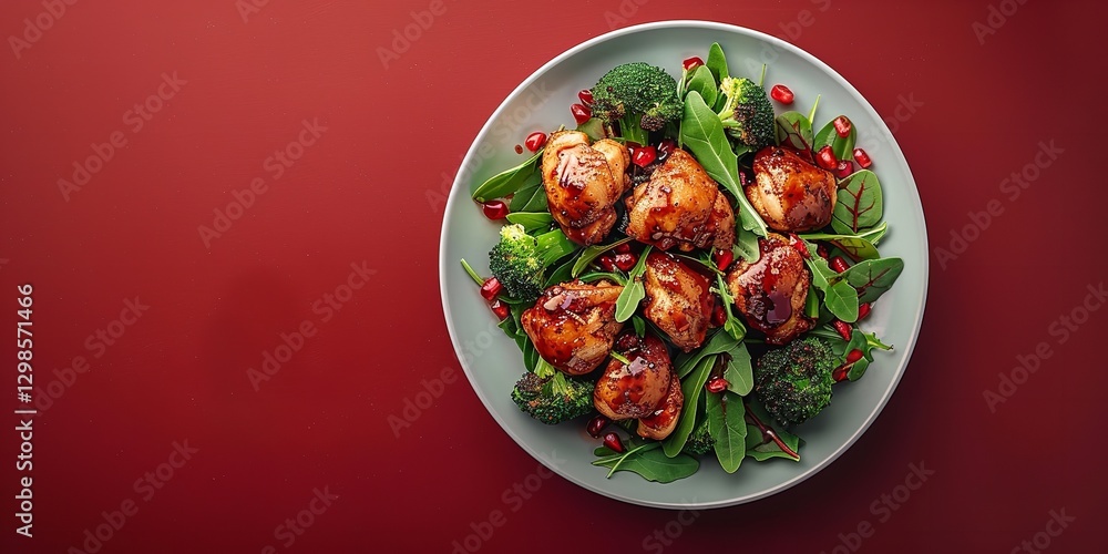 Poster a single serving of bourbon chicken with broccoli in close-up on a spotless dark red backdrop with r