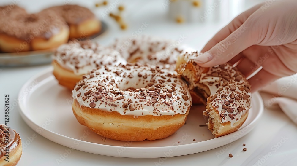 Poster an up-close view of a delicious three s'mores on a white dish with a light yellow backdrop a donut i