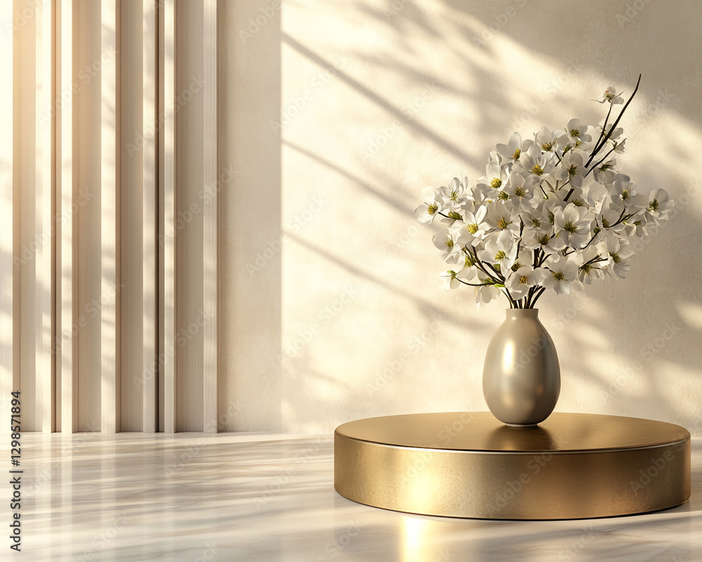 Poster a white flower arrangement in a modern vase placed on a golden pedestal, with soft sunlight filterin