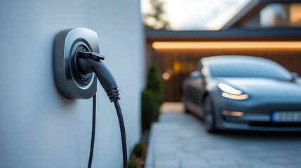 Electric vehicle charging station installed at a modern home in the evening with a parked car ready for charging. Generative AI