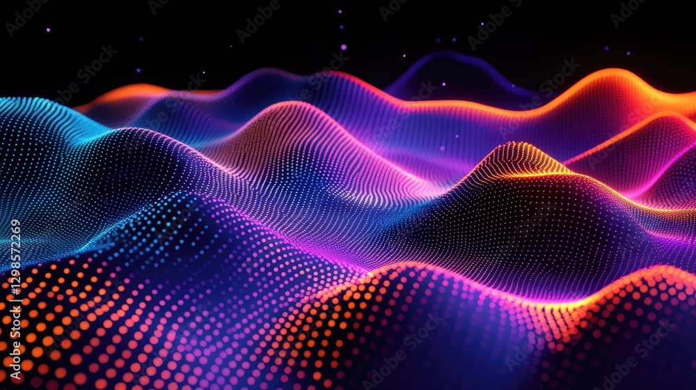 Poster a dynamic wave of sound visualized through colorful, undulating 3d shapes.
