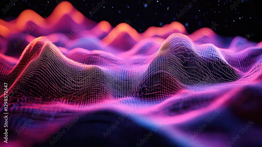 Poster a dynamic wave of sound visualized through colorful, undulating 3d shapes.