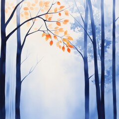 watercolor painting of autumn trees in fog