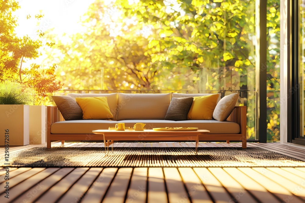 Poster large couch is sitting in front of a window with a view of trees.