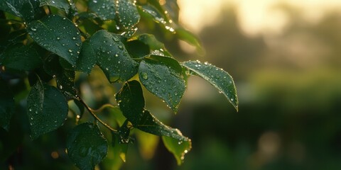 Raindrops glisten on green leaves in a tranquil garden during the golden hour of sunset