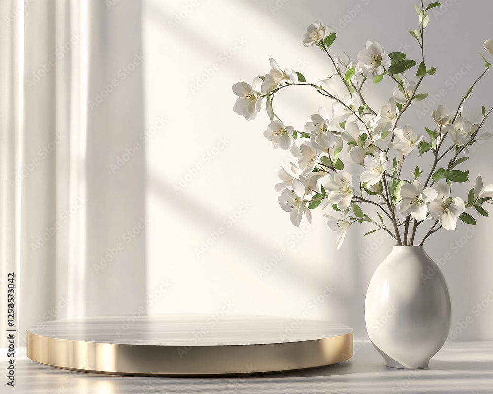 Poster a minimalist interior with a white flower arrangement in a vase placed on a golden pedestal, illumin