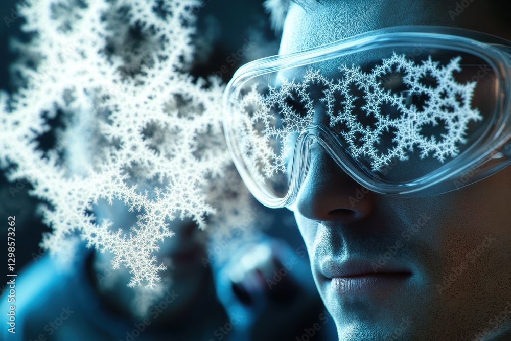 Poster innovation in science with snowflake patterns and safety goggles during a laboratory experiment