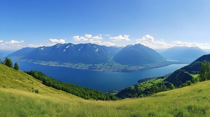 Obraz premium Tranquil Alpine Lake with Grass-Covered Hills and Clear Blue Sky, Capturing the Essence of Summer in the Alps, Ideal for Travel and Nature-Themed Designs