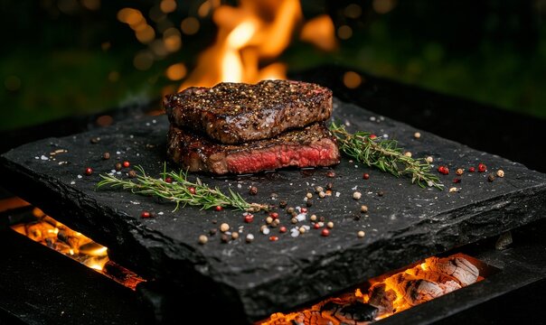 Fatias de carne suculenta assadas com brasas no fundo
