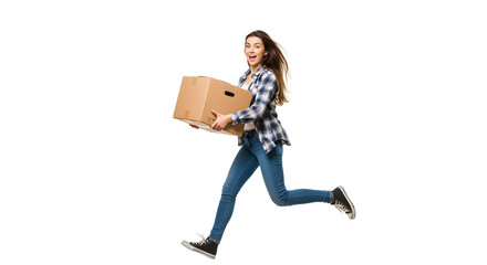 Excited Woman Holding Cardboard Box in Dynamic Pose on White Background