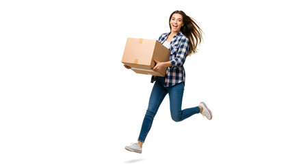 Excited Woman Holding Cardboard Box in Dynamic Pose on White Background