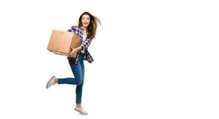 Excited Woman Holding Cardboard Box in Dynamic Pose on White Background