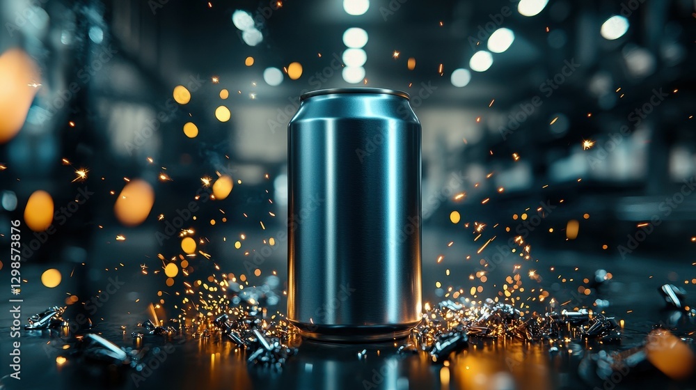 Poster a metallic can surrounded by sparks, creating a dynamic and energetic atmosphere.