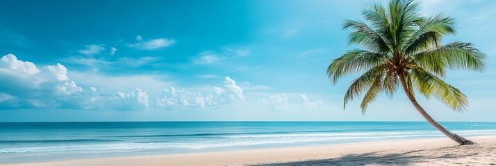 Palm tree is standing on a beach with a clear blue sky above.