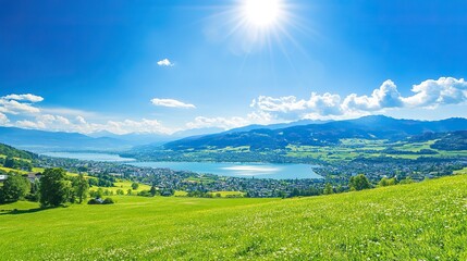 Obraz premium Tranquil Alpine Lake with Grass-Covered Hills and Clear Blue Sky, Capturing the Essence of Summer in the Alps, Ideal for Travel and Nature-Themed Designs