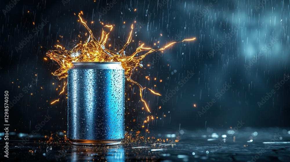 Poster a refreshing can bursting with splashes in a rainy atmosphere.