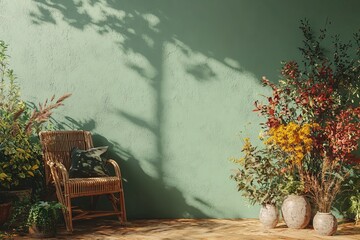 Obraz premium A bohemian-style room features a blank beige wall mockup, accompanied by a wicker armchair and a vase, with natural light pouring in from a nearby window to create a promotional backdrop