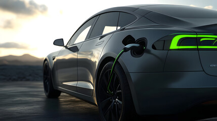 Fototapeta premium Futuristisches Elektroauto lädt bei Sonnenuntergang – Nachhaltige Mobilität der Zukunft 
