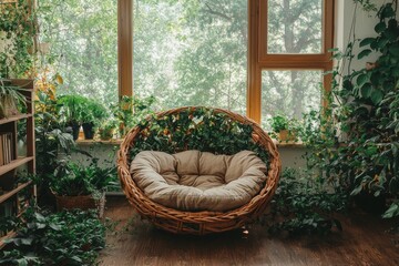 Obraz premium The bright living room features a beautiful and cozy interior design in boho style, complete with a sofa and rattan armchair, created by generative AI