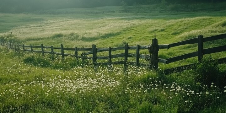 Serene meadow illuminated by soft morning light with a rustic wooden fence in a tranquil rural landscape