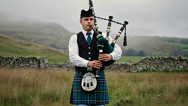 Scotsman plays bagpipes in the hills