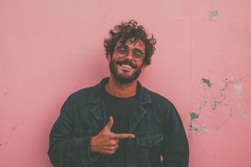 A non-binary young man with a beard, attired in a suit and tie, exhibits a look of amazement and joy, smiling at the camera as he presents with a gesture of his hand and a point of his finger