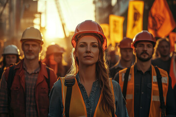 Fototapeta premium Workers unite in solidarity during sunset rally at a construction site, emphasizing strength and resilience in the face of challenges