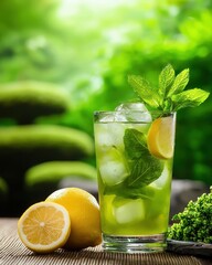 Fototapeta premium Refreshing mint lemonade drink with lemon slices and mint leaves.