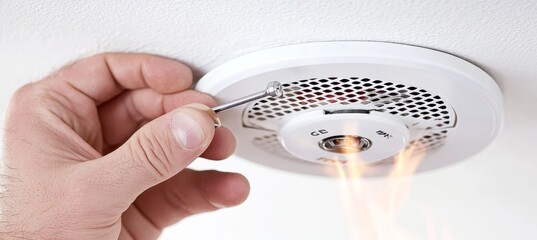 A close-up shot, during the daytime, of a renovator tightening up a newly installed smoke detector