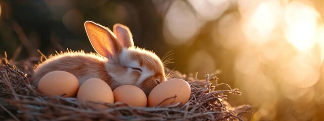 Easter bunny with eggs in nest at sunset. Cute rabbit and brown eggs in natural setting. Spring season symbol for holiday celebrations and greeting cards. Warm golden light.