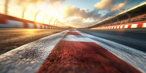 High-speed racing track with motion blur and a finish line under bright sunlight, symbolizing speed, competition, and victory in motorsports