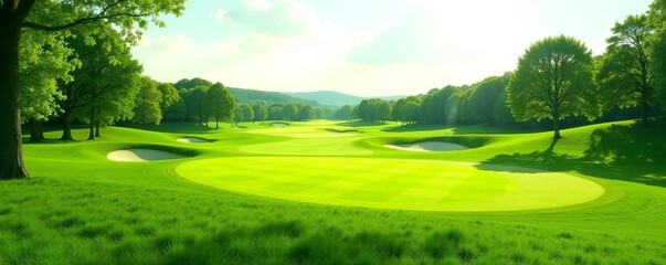 Naklejka premium Undulating fairways, lush grass, distant trees Countryside golf hole , grass, distant