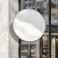 mockup circle blank sign white board display in front of the shop realistic