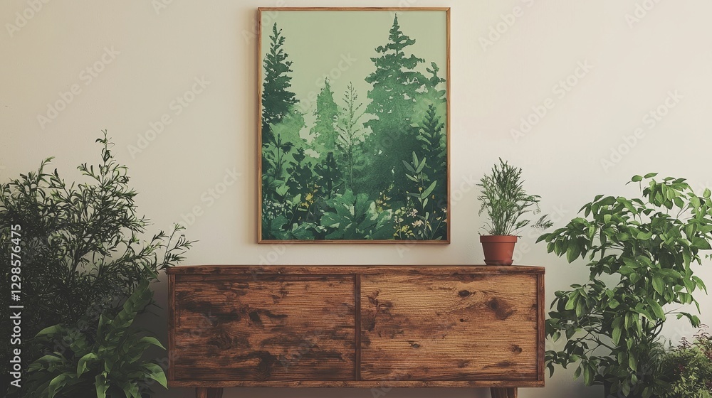 Poster stock interior design features a blank picture frame mockup on a wall, with the frame oriented horiz