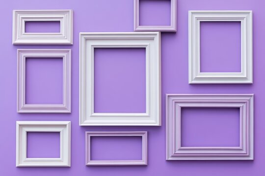 White and purple picture frames arranged on a smooth lavender background