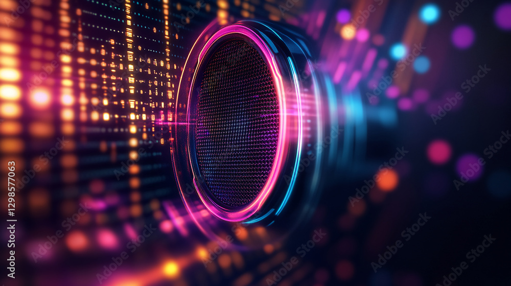 Poster close-up of a vibrant speaker surrounded by glowing colorful lights, creating a futuristic visual ef