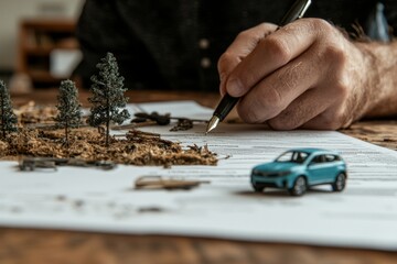 The businesswoman's signature is written on a contract or agreement for car insurance or a lease, as she buys or sells a new or used vehicle, with car keys on the table and a warranty or guarantee