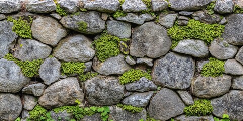 Textured stone wall covered in moss and green plants in a natural outdoor setting