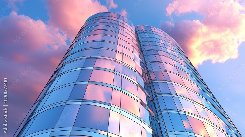 Poster the skyscraper of an office building with curved glass windows is viewed from a low angle, showcasin