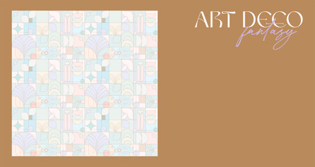 Art Deco stylization - fully editable image of a seamless pattern of linear geometric shapes on a colored background with text. For branding,advertising,covers,wedding design. Vector