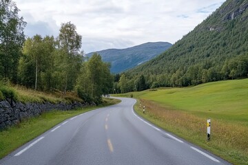 Fototapeta premium Serene winding road through lush green mountains in Norway during a cloudy day